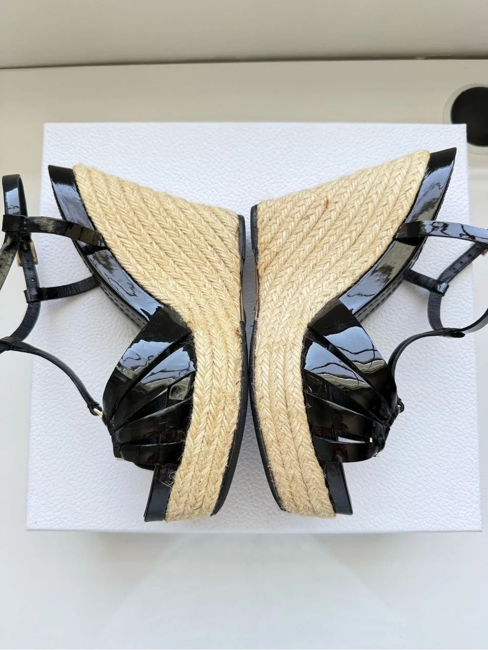 Christian Dior Black Patent Leather Espadrille Wedge Sandals | Gold CD Logo